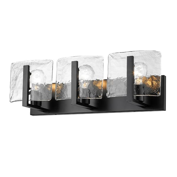 Golden Lighting Aenon 21.75 in. 3-Light Matte Black and Hammered Water Glass Vanity Light
