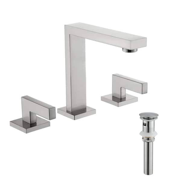 8 in. Widespread Double Handle Bathroom Sink Faucet with Pop-Up Drain Modern Brass 3 Hole Vanity Taps in Brushed Nickel