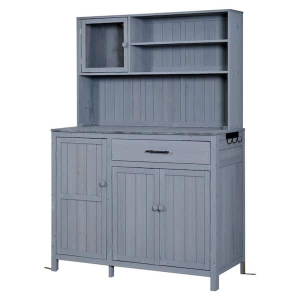 Hazina 44.6 in. W x 19.5 in. D x 65 in. H Gray Wood Outdoor Potting Bench with 4 Doors and Shelves