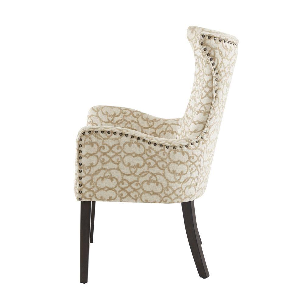 Tan Linen Upholstered Arm Chairs with Wood Legs, Set of 2