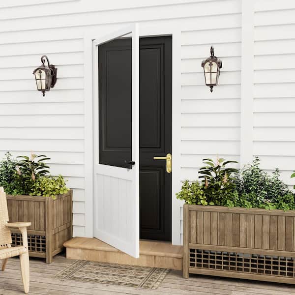32 in. x 80 in. Universal Solid Pine Wood Screen Door with Lock-Primed White Finish and Gauze Mesh, Hinged Panel Style