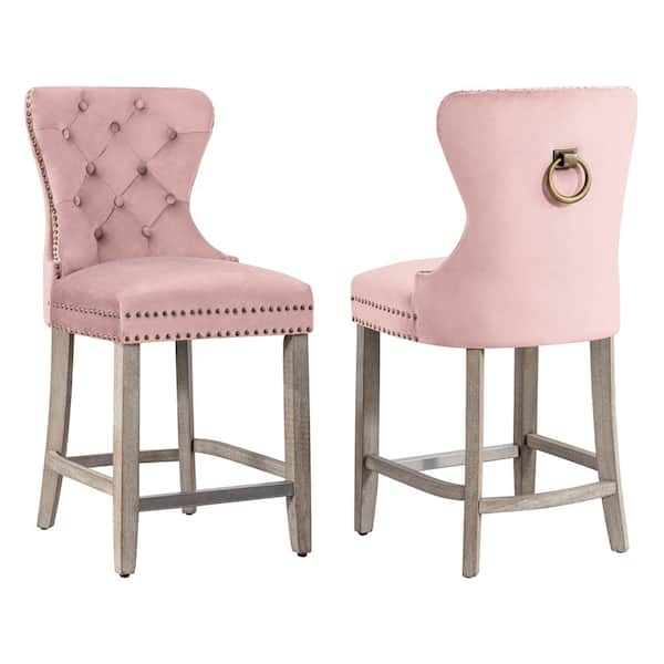WESTINFURNITURE Harper 24 in. in Pink Velvet Tufted Wingback Kitchen Counter Bar Stool with Solid Wood Frame in Antique Gray (Set of 2)