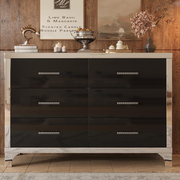 Harper & Bright Designs Black Elegant High Gloss 6-Drawer 47.2 in. Dresser with Metal Handle
