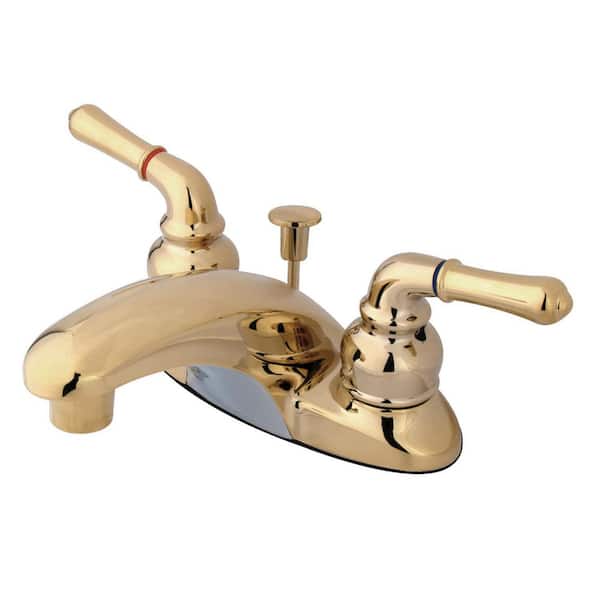 Kingston Brass Magellan 4 in. Centerset 2-Handle Bathroom Faucet with Plastic Pop-Up in Polished Brass