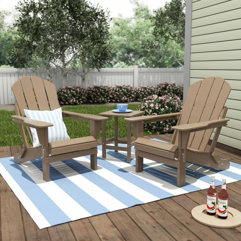 Weathered Wood 3-Piece HDPE Adirondack Chair Set with Side Table