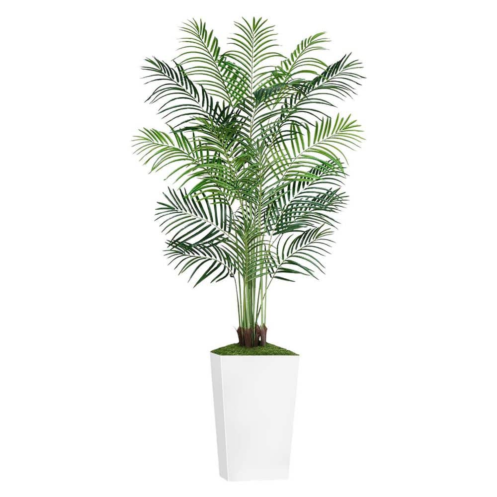 72 in. Artificial Palm Tree White Planter Green Indoor Outdoor Faux ...