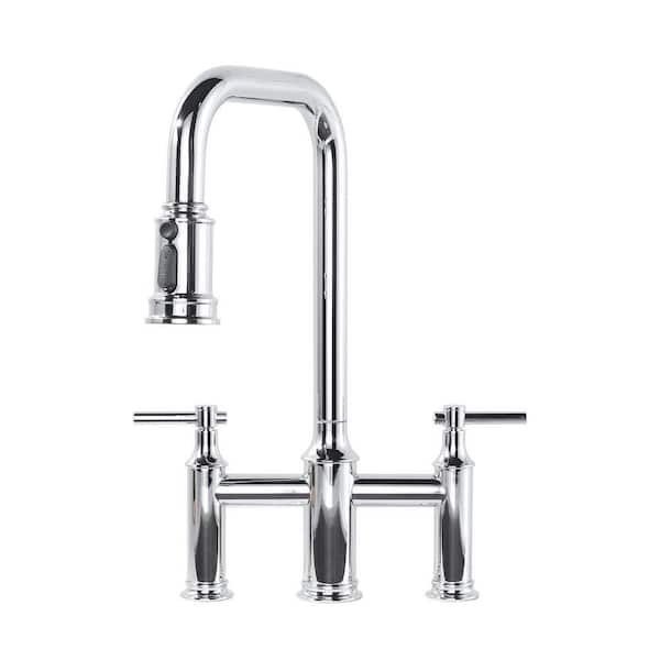ALEASHA 3-Holes Double Handle Brass Bridge Kitchen Faucet with 3
