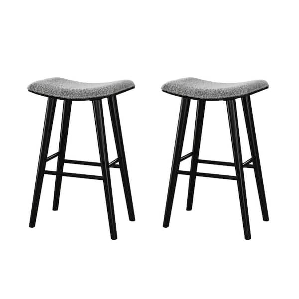 LuXeo Luna 29 in. Black Backless Wood Saddle Bar Stools with Gray Boucle Fabric Seat (Set of 2)