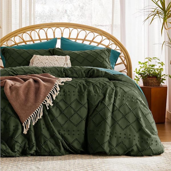Unbranded 3 Pieces King Polyester Boho Bedding Duvet Cover for All Seasons (Dark Green)