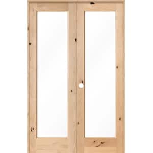 56 in. x 96 in. Rustic Knotty Alder 1-Lite Clear Glass Right Handed Solid Core Wood Double Prehung Interior Door