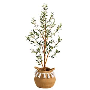 42 in. Green Artificial Olive Tree in Handmade Jute and Cotton Basket with Tassels
