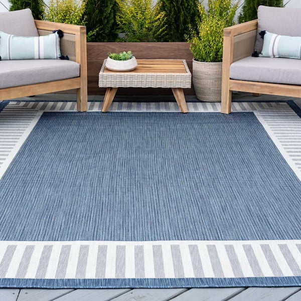 Eco Striped Border Blue 8 ft. x 10 ft. Indoor/Outdoor Area Rug