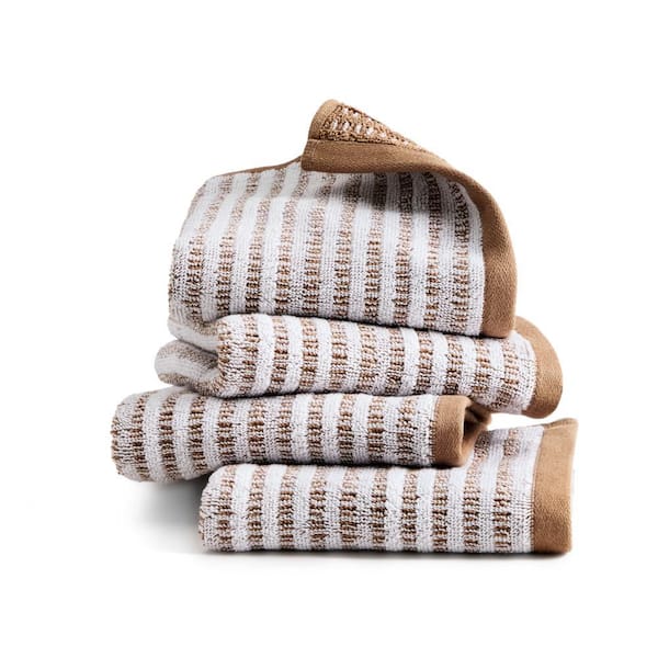 Striped Reversible Terry Organic Cotton Mocha Brown 13 in. x 13 in. Washcloth Set 4-Pack