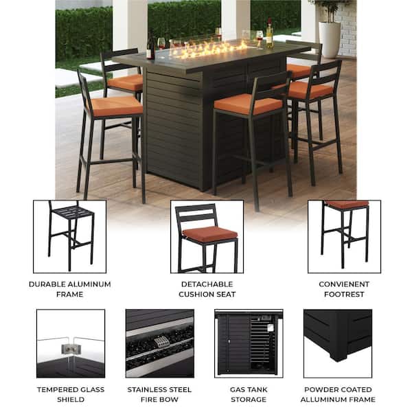 Leisuremod - 7-Piece Aluminum Patio Dining Bar Set with Fire Pit Table and 4-Barstool with Removable Cushion in Orange