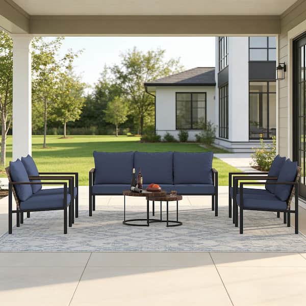 7-Piece Natural PE Rattan Wicker Outdoor Sectional Sofa Set with Blue Washable Cushions and a Teatoy Table