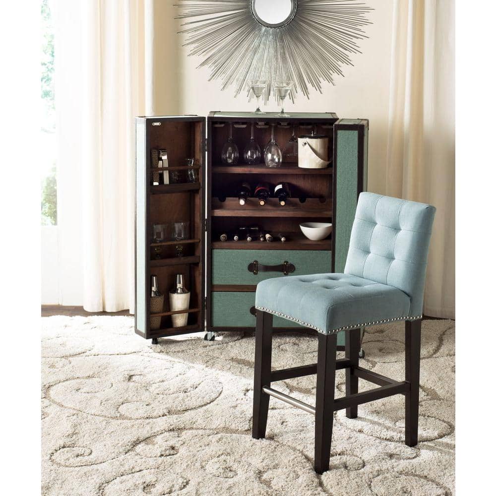 Transitional Sky Blue Leather & Metal Counter Stool with Silver Nailheads