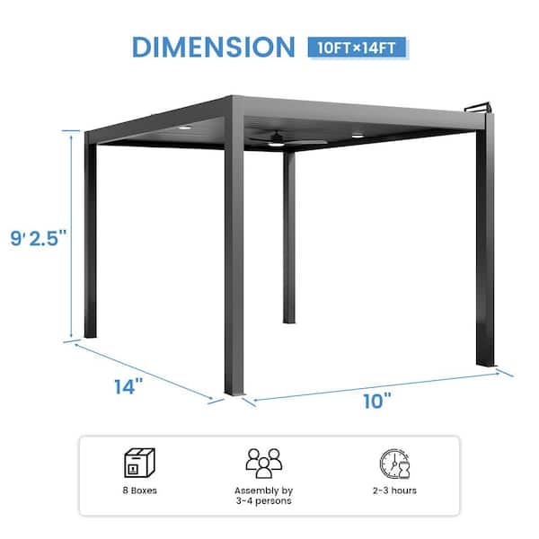 10 ft. x 14 ft. Dark Gray Aluminum Patio Pergola with Built-In Solar Panel, Ceiling Fan and Round LED Light