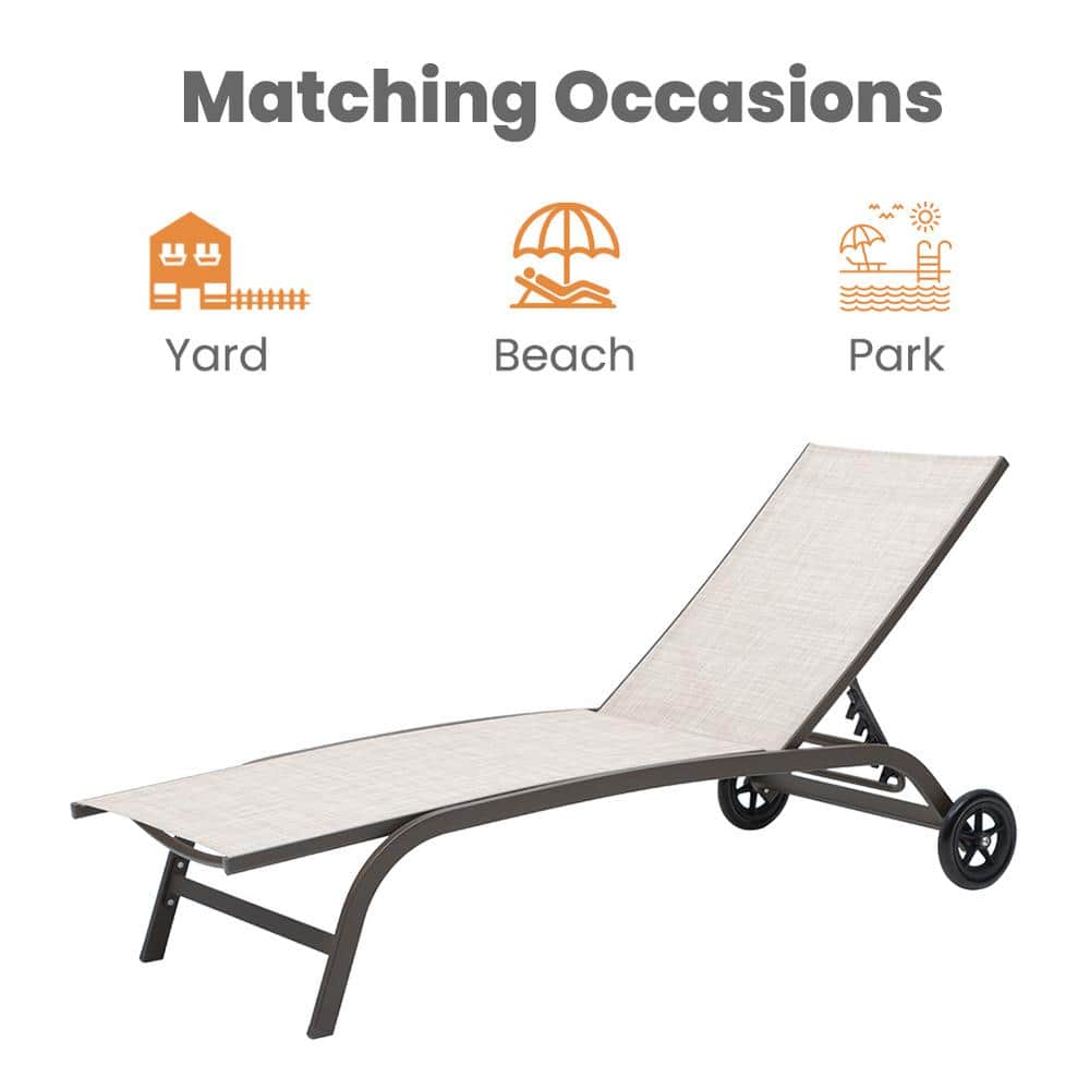 Beige Adjustable Metal Frame Chaise Lounge with Wheels
