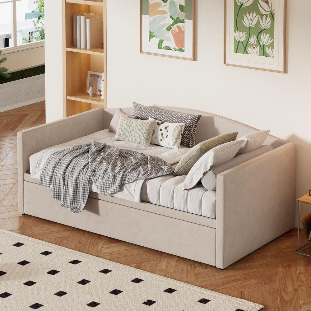 Eda Beige Twin Size Velvet Upholstered Daybed with Trundle Padded Armrests