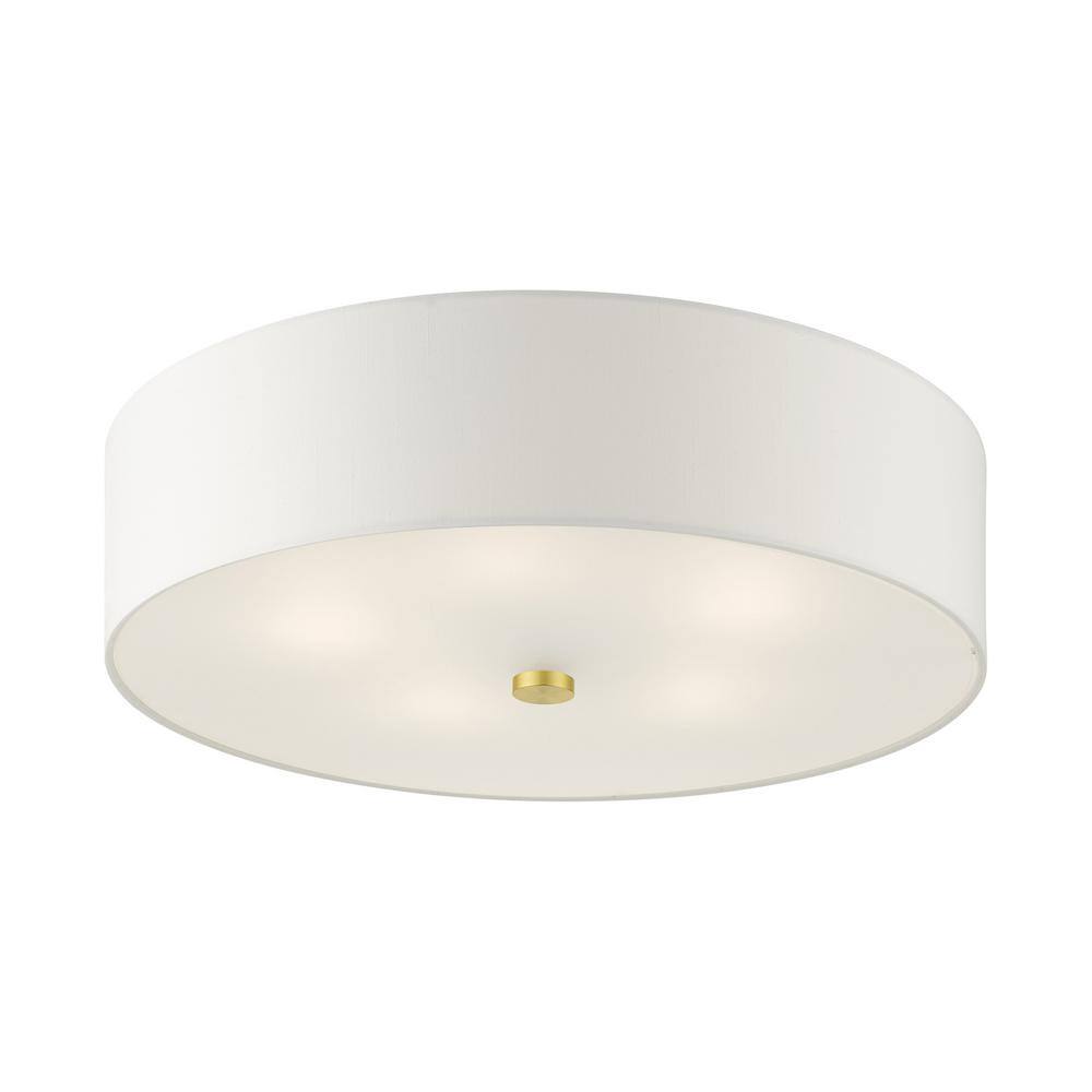 Satin Brass 5-Light Semi-Flush Drum Ceiling Fixture with Off-White Shade