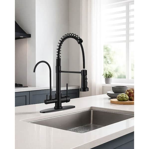 Double Handles Solid Brass Pull Down Sprayer Kitchen Faucet with Drinking Water Filter in Matte Black