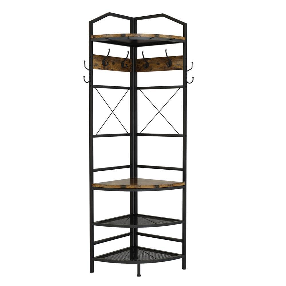 Kahomvis Brown Corner Freestanding Coat Rack with Hooks and Shelves ...