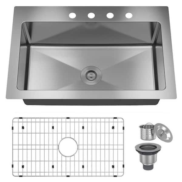 33 in. Drop-In Single Bowl 18 Gauge Brushed Stainless Steel Workstation Kitchen Sink with Bottom Grid and Drain Assembly