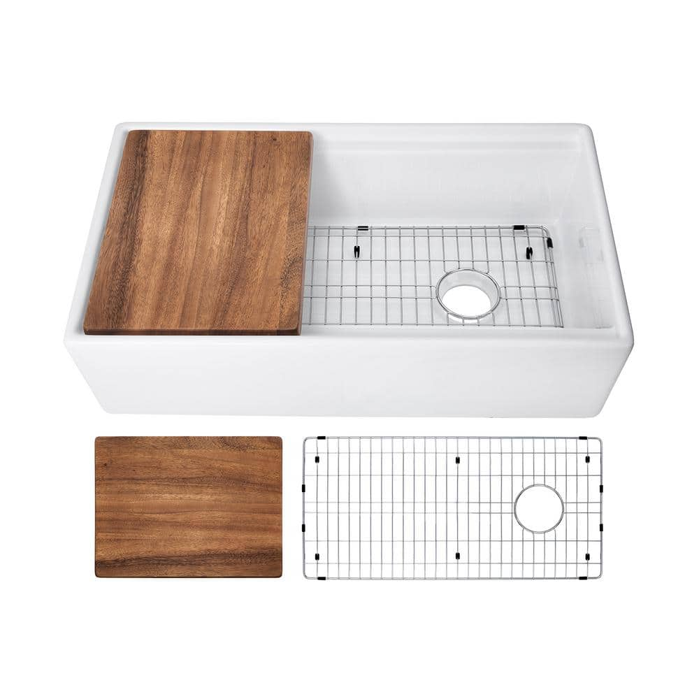 IPT Sink Company Fireclay 36 in. Single Bowl Farmhouse Apron Front Reversible Kitchen Sink in White with Cutting Board and Grid