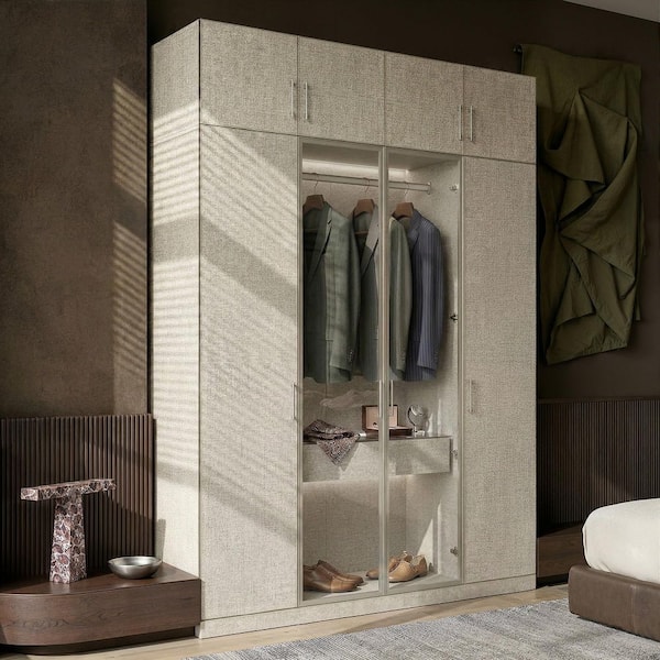 Gray Wood 63 in. Armoire with Glass Doors, LED Lighting, Hanging Rod, 5-Shelves, 1-Drawer, 2-Top Shelf Cabinets