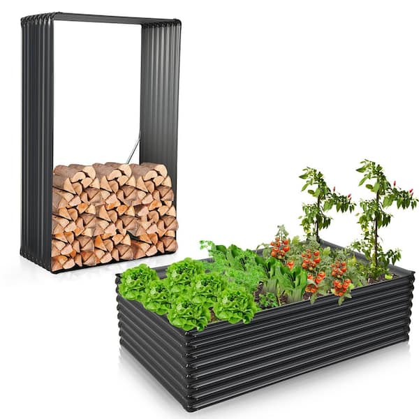 Costway 2-Piece Galvanized Metal Raised Garden Bed Outdoor Planter Box Firewood Rack Log Holder