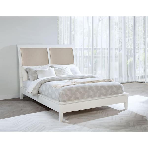 Bexhill White and Linen Wood Frame Eastern King Panel Bed with Upholstered Headboard