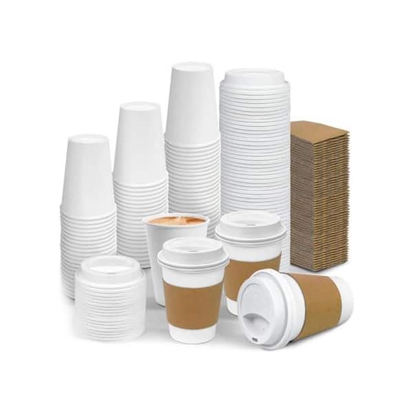 White Neutral Disposable Paper Coffee Cups with Lids and Sleeves Hot Drink to Go (100 Per Case) Plastic