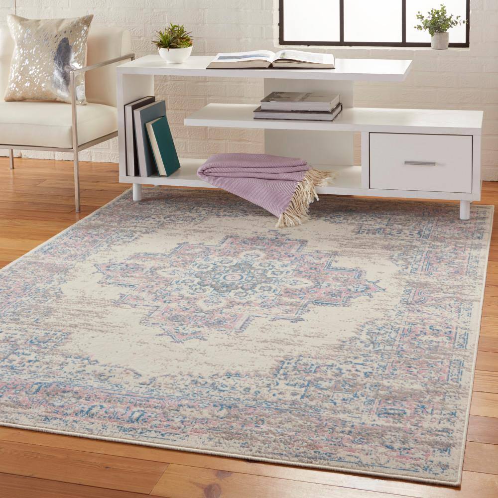 Ivory/Pink/Blue Hand-knotted Synthetic Medallion Area Rug