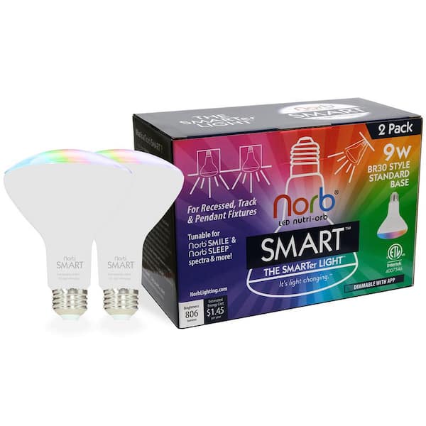 NorbSMART 9W Equivalent Smart RGBW-CCT Smile+Sleep Wellness Spectrum BR30 2650-5000K LED Smart Light Bulb (2-Pack)