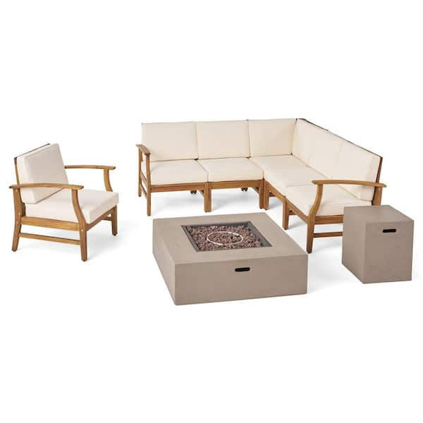 Illona Teak Brown 8-Piece Wood Outdoor Patio Fire Pit Sectional Seating Set with Cream Cushion