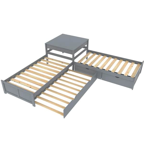 ANBAZAR Gray Twin Size L-Shaped Platform Beds with Twin Trundle and 2-Drawers Wooden 3-Kids Platform Bed Frame with Table