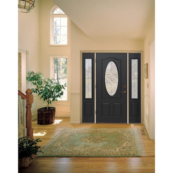 36 in. x 80 in. 3/4 Oval Brevard Decorative Glass Black Steel Prehung Front Door w/Sidelites