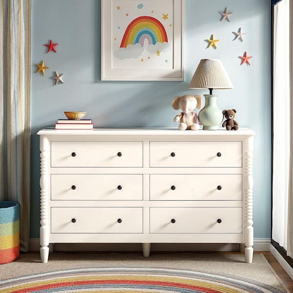 Modern Farmhouse Easy Assembly White 6-Drawer 54 in. Solid Wood Spindle-Detailing Dresser