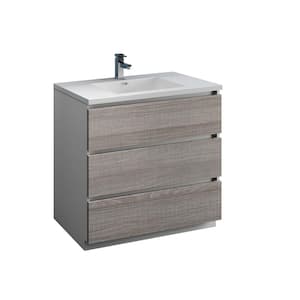 Lazzaro 36 in. Modern Bathroom Vanity in Glossy Ash Gray with Vanity Top in White with White Basin