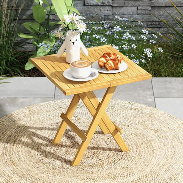 Kadehome 20 in. W Square Folding Teak Side Table Slatted Top End