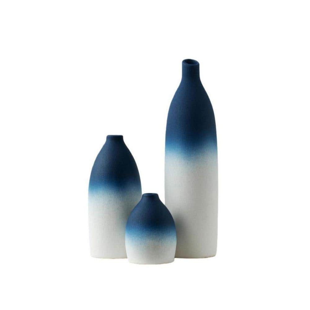 22 in. Coastal Blue Ceramic Cylinder Bottle Decorative Vase LX0675