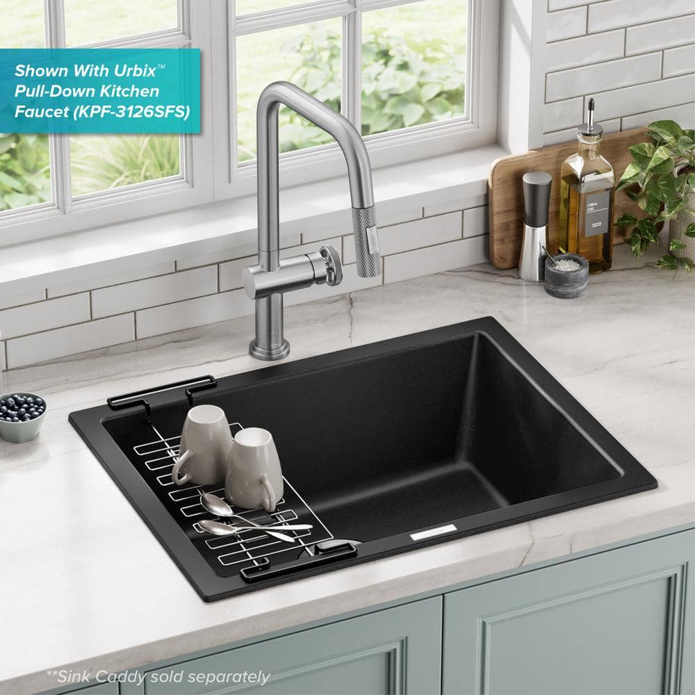 24-Inch Black Granite Drop-In Single Bowl Kitchen Sink