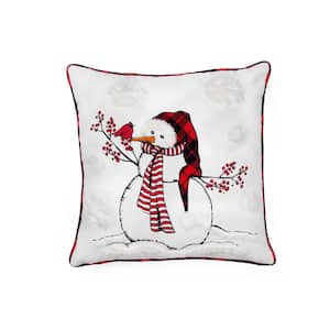 18 in. x 18 in. Snowman With Beanie Hat and Softy Tufted Snow Embroidered Christmas Pillow