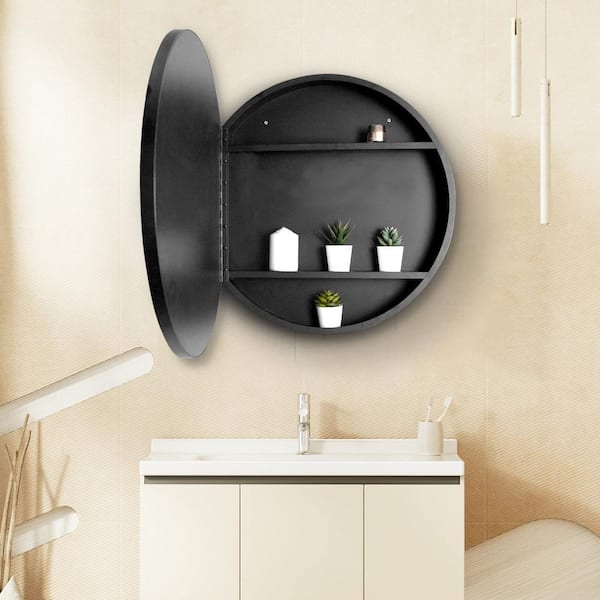 Unbranded 24 in. W x 24 in. H 3-Color Lighted Anti-Fog Round Black Aluminum Medicine Cabinet with Mirror