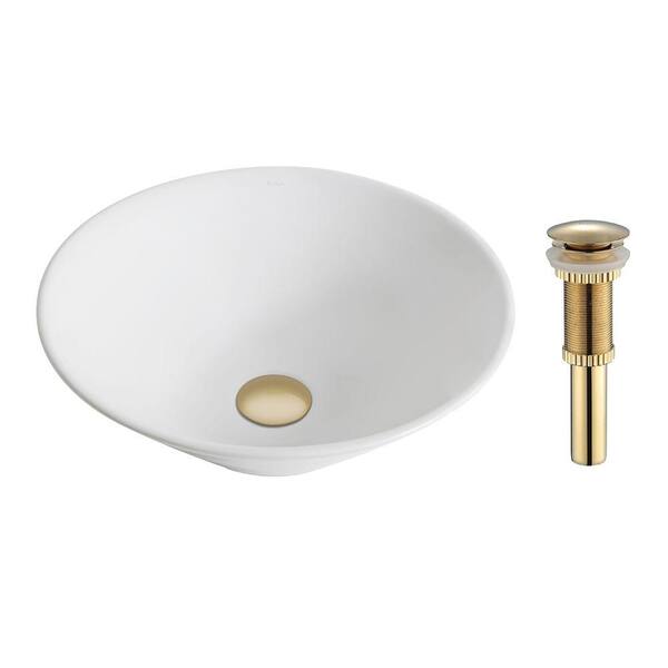 KRAUS Elavo Round Ceramic Vessel Bathroom Sink in White with Pop Up Drain in Gold