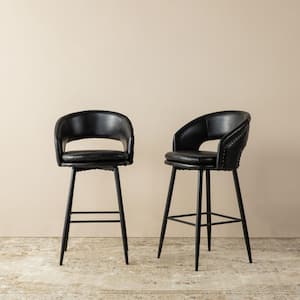 30 in. Seat Height Modern Black Leatherette Bar Stool with Nailhead Trim and Thick Metal Tapered Legs (Set of 4）