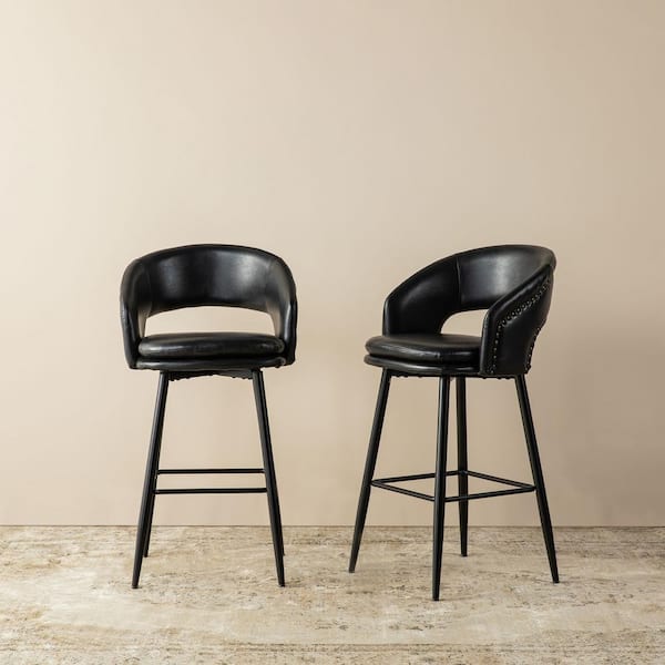 30 in. Seat Height Modern Black Leatherette Bar Stool with Nailhead Trim and Thick Metal Tapered Legs (Set of 4）