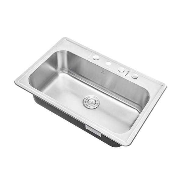 Topmount Drop-In 18G Stainless Steel 33 in. x 22 in. 4-Faucet Hole Single Bowl Kitchen Sink with Colander and Strainer