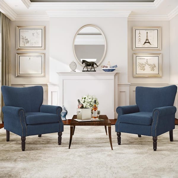 cozyman Anaya Navy Blue Fabric Upholstered Wingback Accent Chair Rolled Arm Nailhead Living Room Chair Set of 2