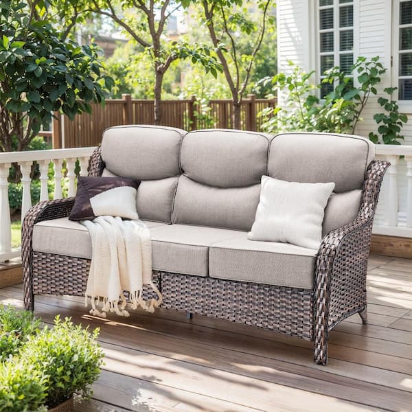 Luxurious 3-Seat Brown PE Wicker Outdoor Couch with 6 in. Olefin Beige Cushions/Patio Sofa Furniture